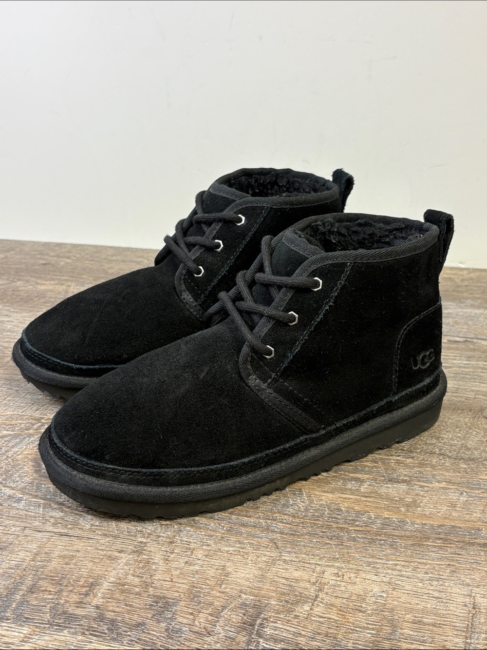 UGG Neumel Black Suede Shearling Lace-Up Ankle Boots Size 4